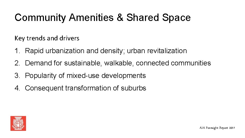 Community Amenities & Shared Space Key trends and drivers 1. Rapid urbanization and density;