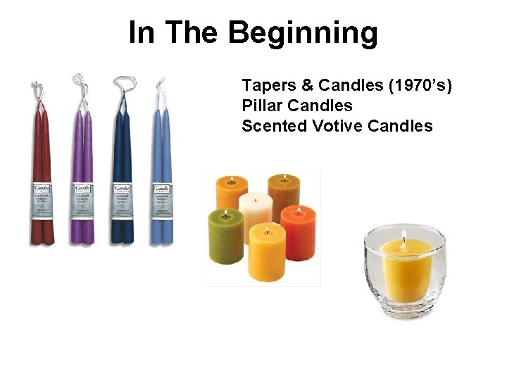 In The Beginning Tapers & Candles (1970’s) Pillar Candles Scented Votive Candles 