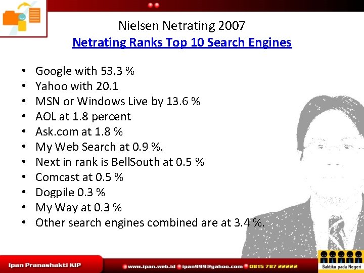 Nielsen Netrating 2007 Netrating Ranks Top 10 Search Engines • • • Google with