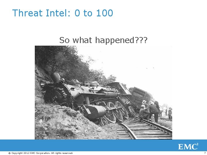Threat Intel: 0 to 100 So what happened? ? ? © Copyright 2012 EMC