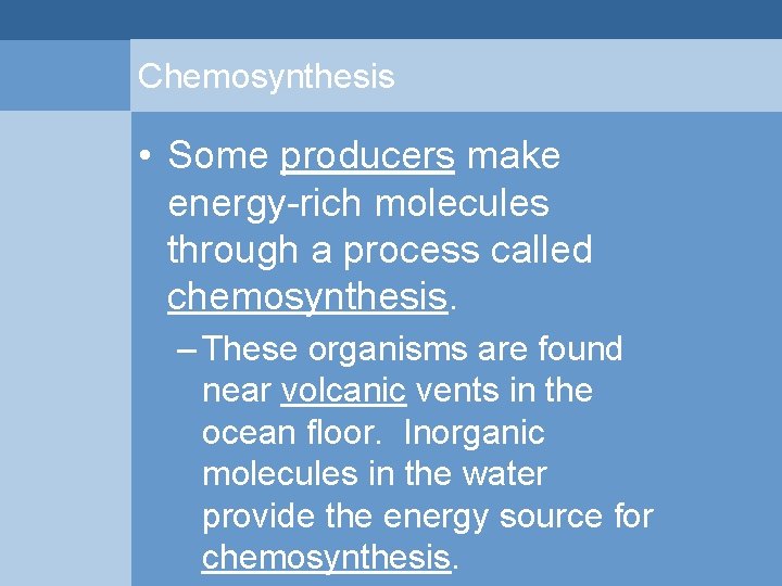 Chemosynthesis • Some producers make energy-rich molecules through a process called chemosynthesis. – These Chemosynthesis • Some producers make energy-rich molecules through a process called chemosynthesis. – These