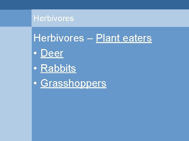 Herbivores – Plant eaters • Deer • Rabbits • Grasshoppers  Herbivores – Plant eaters • Deer • Rabbits • Grasshoppers