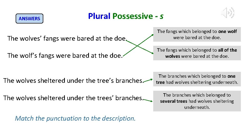 ANSWERS Plural Possessive - s The wolves’ fangs were bared at the doe. The