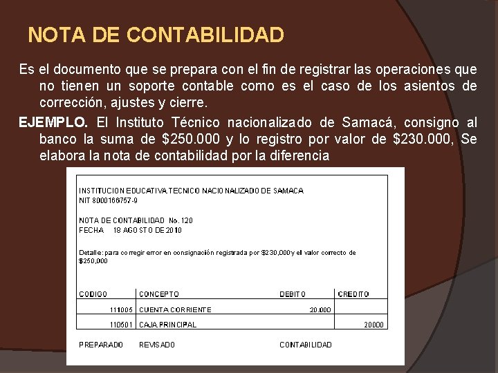 NOTA DE CONTABILIDAD Es el documento que se prepara con el fin de registrar