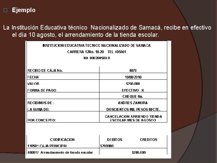� Ejemplo La Institución Educativa técnico Nacionalizado de Samacá, recibe en efectivo el día