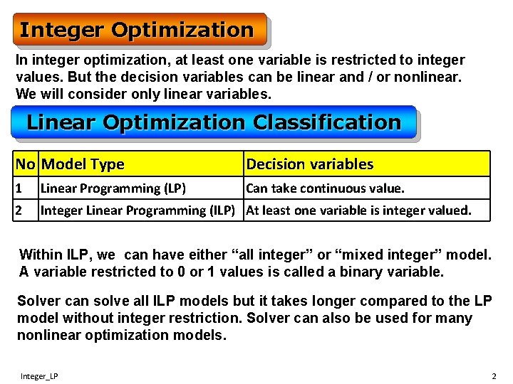 Integer Optimization In integer optimization, at least one variable is restricted to integer values.
