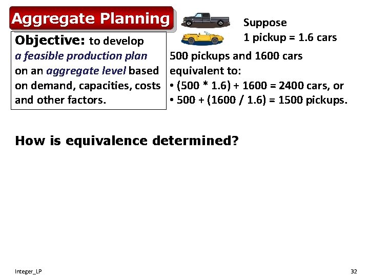 Aggregate Planning Suppose 1 pickup = 1. 6 cars Objective: to develop 500 pickups