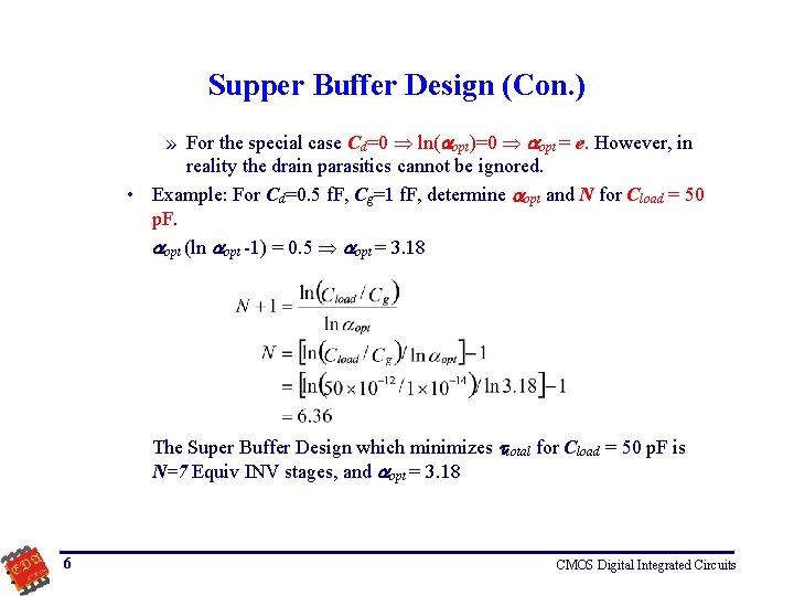 Supper Buffer Design (Con. ) » For the special case Cd=0 ln( opt)=0 opt Supper Buffer Design (Con. ) » For the special case Cd=0 ln( opt)=0 opt