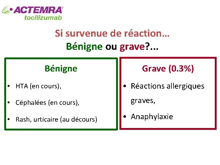 Si survenue de réaction… Bénigne ou grave? . . . Bénigne • HTA (en