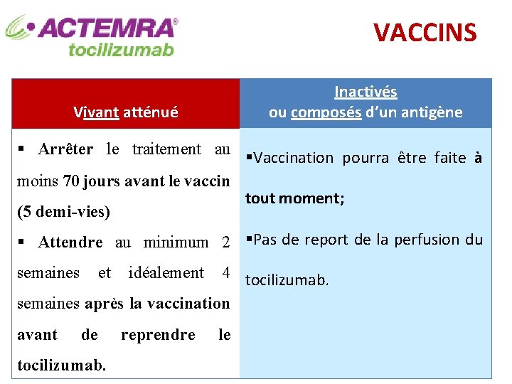 VACCINS Inactivés ou composés d’un antigène Vivant atténué § Arrêter le traitement au §Vaccination