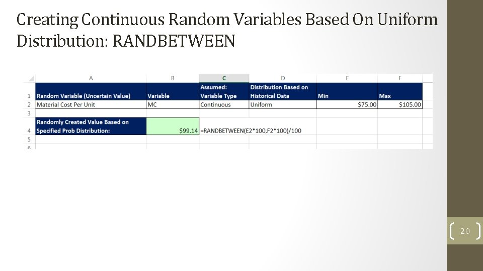 Creating Continuous Random Variables Based On Uniform Distribution: RANDBETWEEN 20 