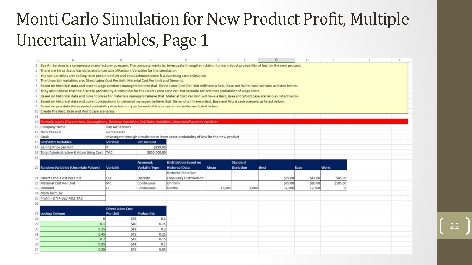 Monti Carlo Simulation for New Product Profit, Multiple Uncertain Variables, Page 1 22 