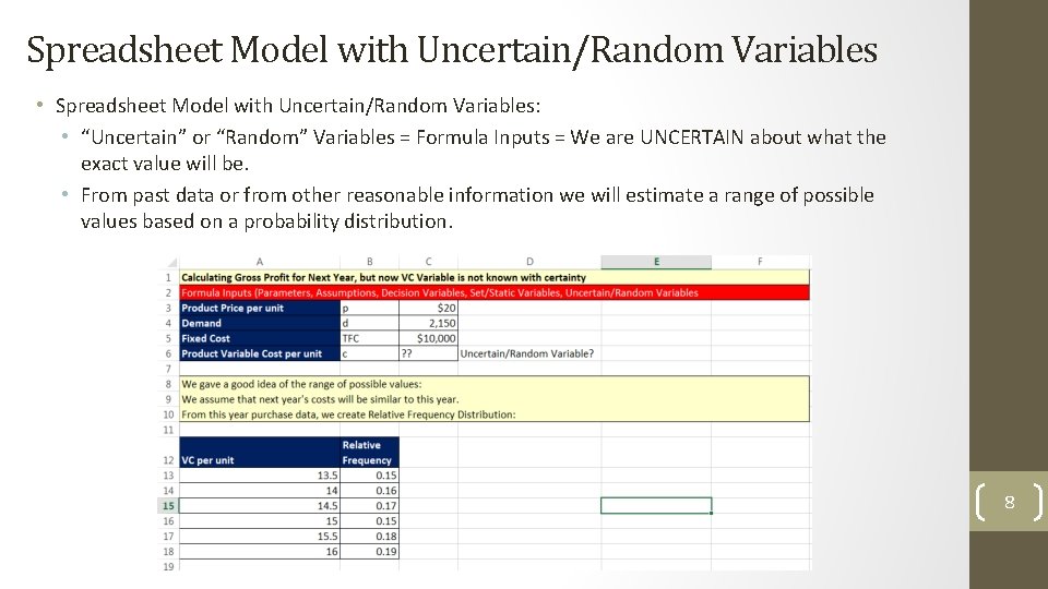 Spreadsheet Model with Uncertain/Random Variables • Spreadsheet Model with Uncertain/Random Variables: • “Uncertain” or