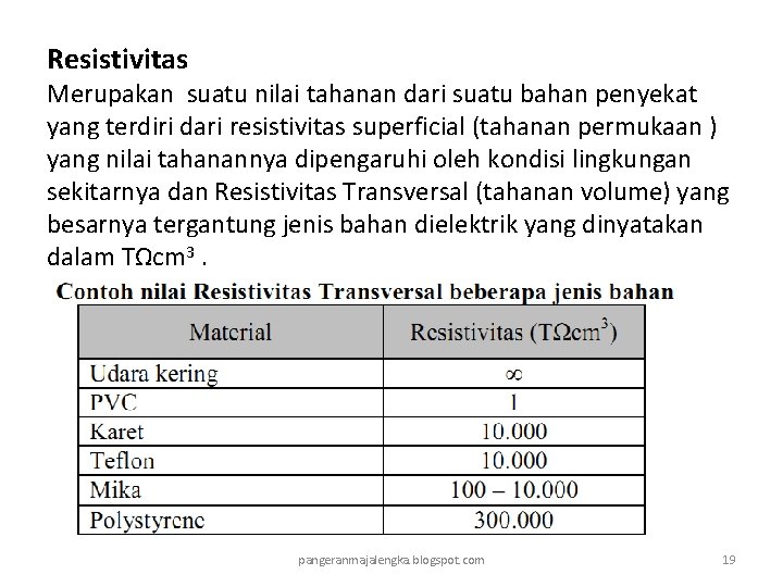 Resistivitas Merupakan suatu nilai tahanan dari suatu bahan penyekat yang terdiri dari resistivitas superficial