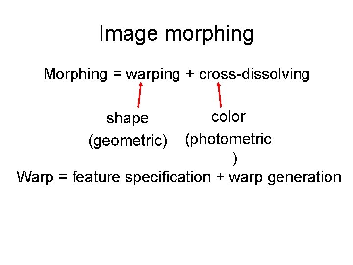 Image morphing Morphing = warping + cross-dissolving color (photometric ) Warp = feature specification