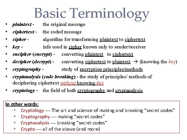 • • Basic Terminology plaintext the original message ciphertext - the coded message • • Basic Terminology plaintext the original message ciphertext - the coded message