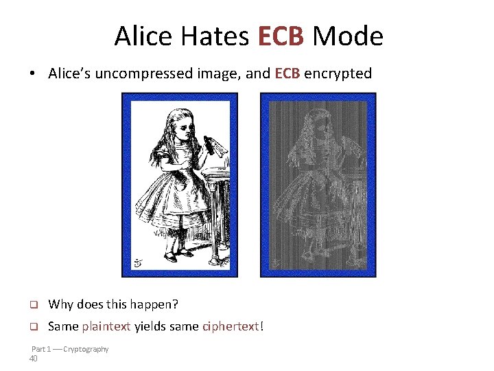 Alice Hates ECB Mode • Alice’s uncompressed image, and ECB encrypted q Why does Alice Hates ECB Mode • Alice’s uncompressed image, and ECB encrypted q Why does