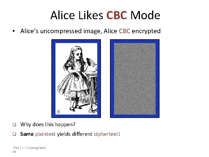 Alice Likes CBC Mode • Alice’s uncompressed image, Alice CBC encrypted q Why does Alice Likes CBC Mode • Alice’s uncompressed image, Alice CBC encrypted q Why does