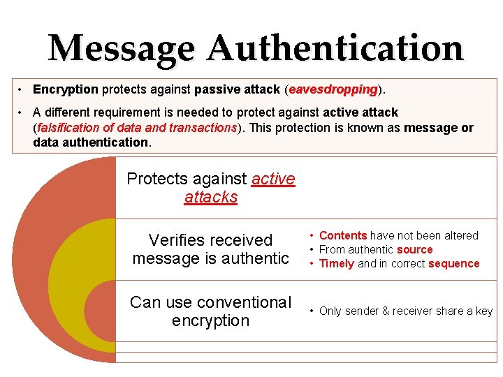 Message Authentication • Encryption protects against passive attack (eavesdropping). • A different requirement is