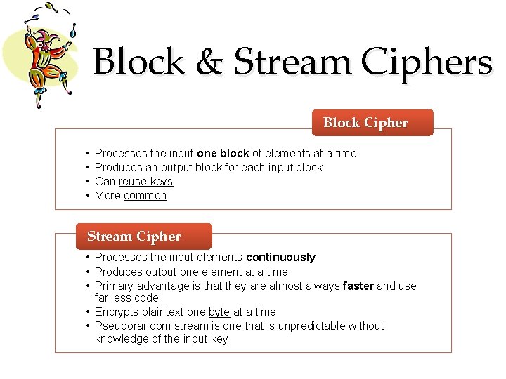 Block & Stream Ciphers Block Cipher • • Processes the input one block of