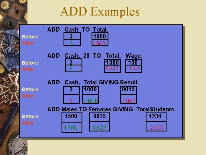 ADD Examples Before After ADD Cash TO Total. 3 1000 3 1003 ADD Cash,