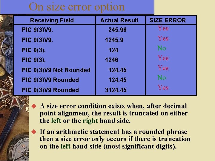 On size error option Receiving Field PIC 9(3)V 9. Actual Result 245. 96 1245.