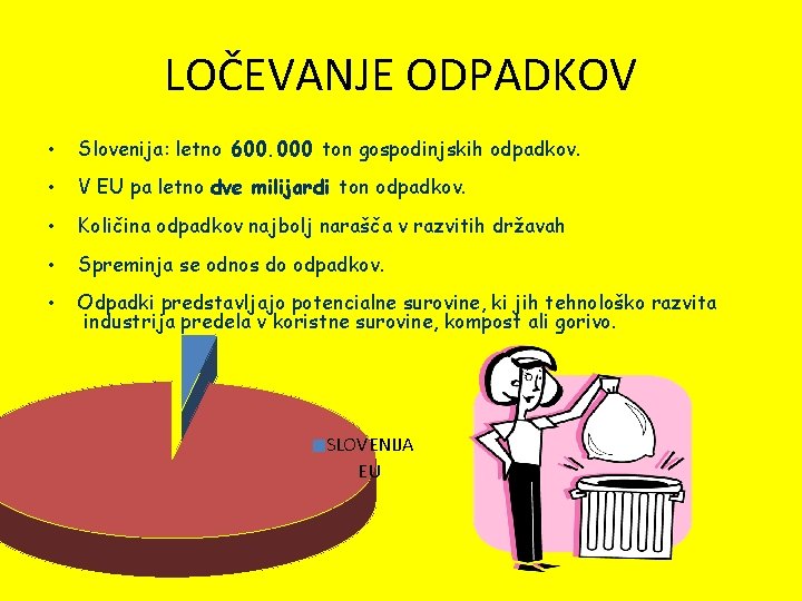 LOČEVANJE ODPADKOV • Slovenija: letno 600. 000 ton gospodinjskih odpadkov. • V EU pa