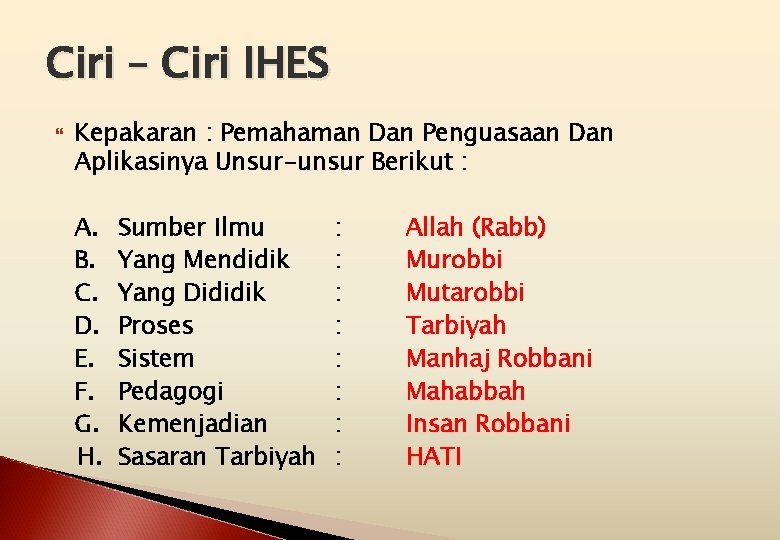 Ciri – Ciri IHES Kepakaran : Pemahaman Dan Penguasaan Dan Aplikasinya Unsur-unsur Berikut :