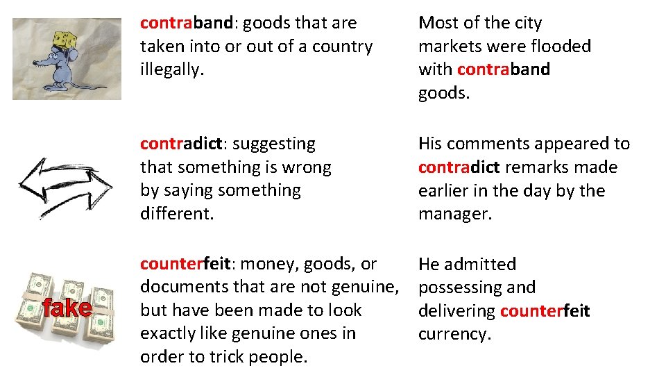 fake contraband: goods that are taken into or out of a country illegally. Most