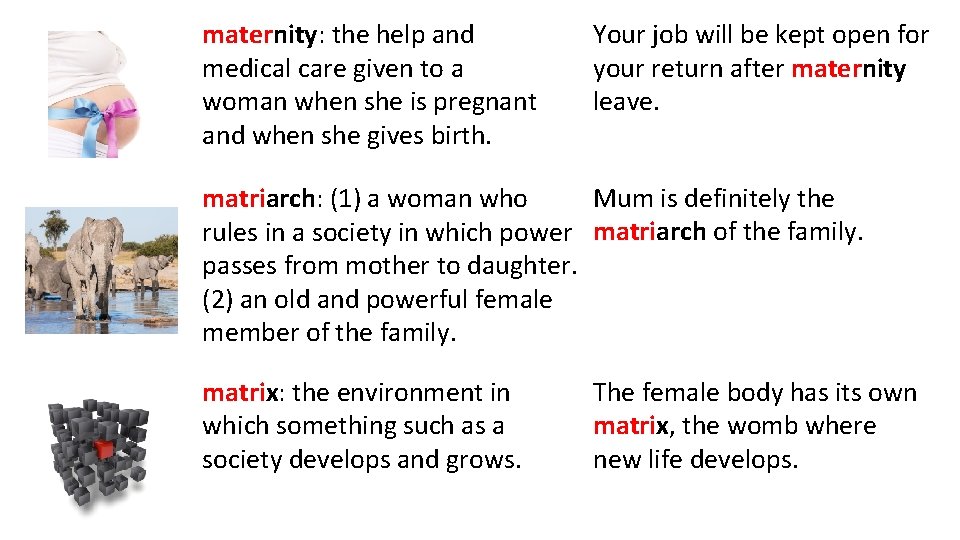maternity: the help and medical care given to a woman when she is pregnant
