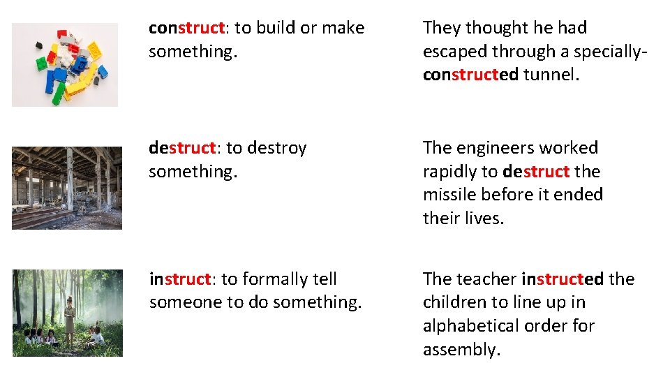 construct: to build or make something. They thought he had escaped through a speciallyconstructed