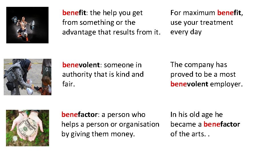 benefit: the help you get from something or the advantage that results from it.