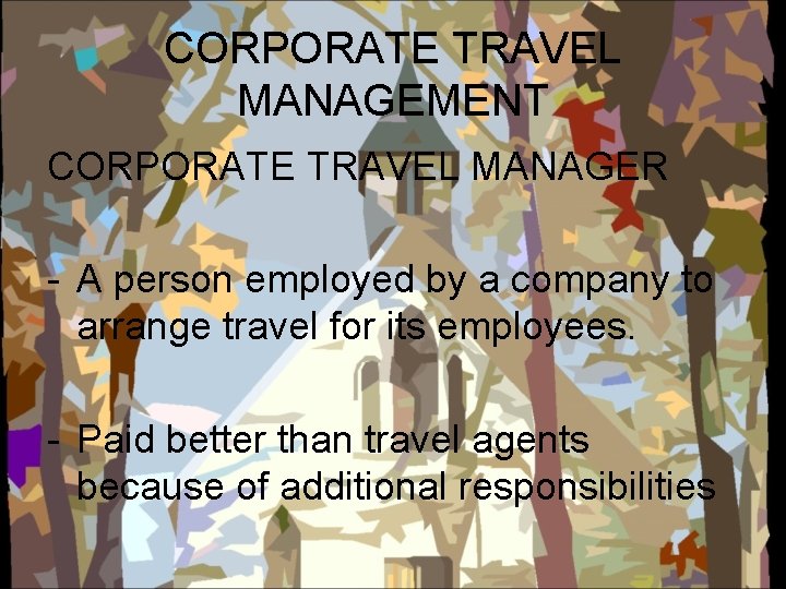 CORPORATE TRAVEL MANAGEMENT CORPORATE TRAVEL MANAGER - A person employed by a company to