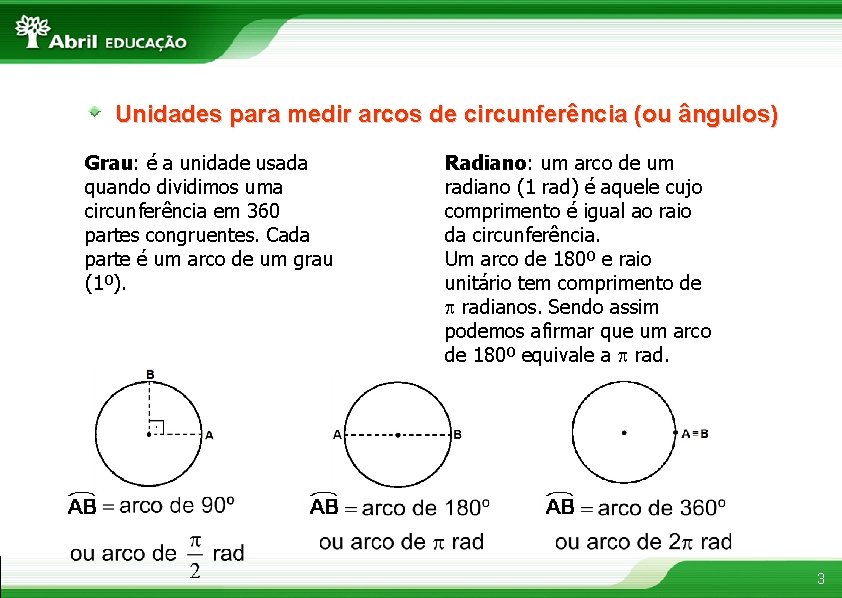 Unidades para medir arcos de circunferência (ou ângulos) Grau: é a unidade usada quando