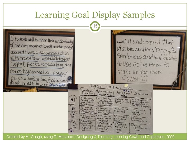 Learning Goal Display Samples 15 Created by M. Gough, using R. Marzano's Designing &