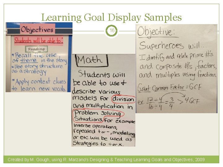 Learning Goal Display Samples 16 Created by M. Gough, using R. Marzano's Designing &