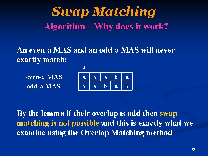 Swap Matching Algorithm – Why does it work? An even-a MAS and an odd-a