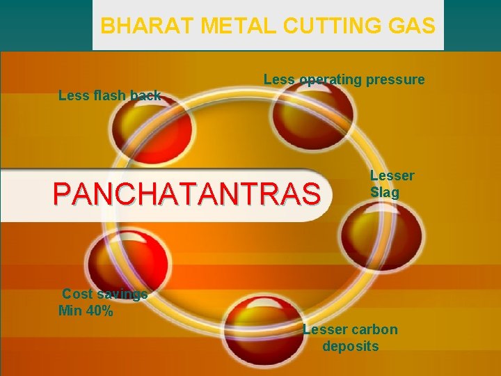 BHARAT METAL CUTTING GAS Less operating pressure Less flash back PANCHATANTRAS Lesser Slag Cost