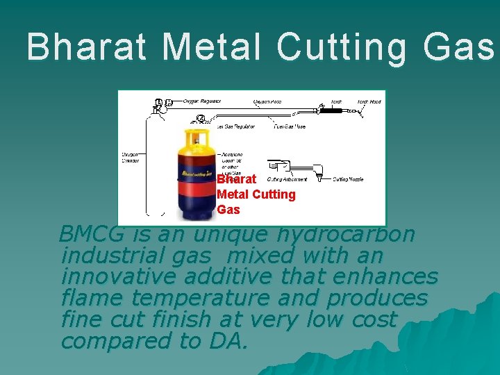 Bharat Metal Cutting Gas BMCG is an unique hydrocarbon industrial gas mixed with an