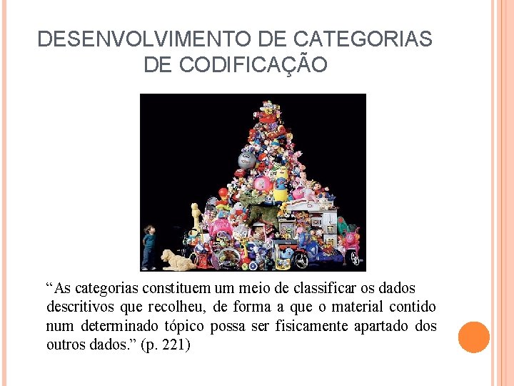 DESENVOLVIMENTO DE CATEGORIAS DE CODIFICAÇÃO “As categorias constituem um meio de classificar os dados