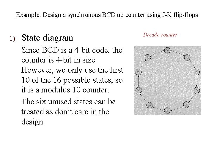 Example: Design a synchronous BCD up counter using J-K flip-flops 1) State diagram Since