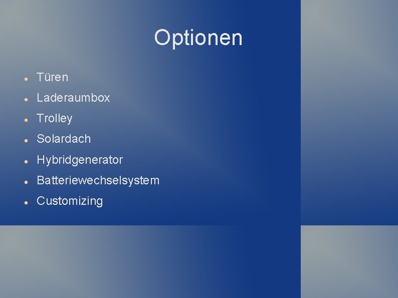 Optionen Türen Laderaumbox Trolley Solardach Hybridgenerator Batteriewechselsystem Customizing 