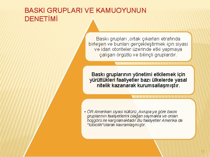 BASKI GRUPLARI VE KAMUOYUNUN DENETİMİ Baskı grupları , ortak çıkarları etrafında birleşen ve bunları