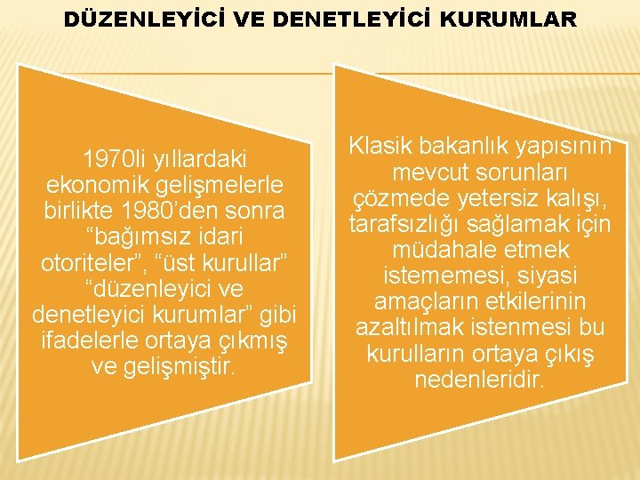 DÜZENLEYİCİ VE DENETLEYİCİ KURUMLAR 1970 li yıllardaki ekonomik gelişmelerle birlikte 1980’den sonra “bağımsız idari