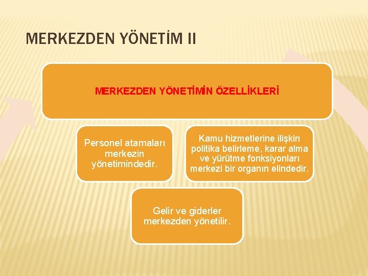 MERKEZDEN YÖNETİM II MERKEZDEN YÖNETİMİN ÖZELLİKLERİ Personel atamaları merkezin yönetimindedir. Kamu hizmetlerine ilişkin politika