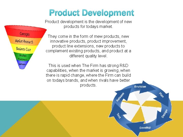 Product Development Product development is the development of new products for todays market. They