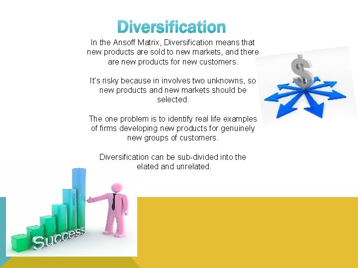 Diversification In the Ansoff Matrix, Diversification means that new products are sold to new