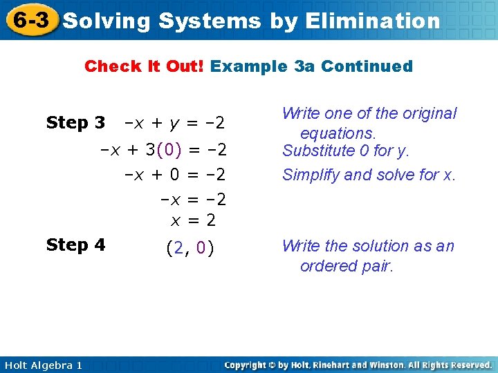 6 -3 Solving Systems by Elimination Check It Out! Example 3 a Continued Step 6 -3 Solving Systems by Elimination Check It Out! Example 3 a Continued Step