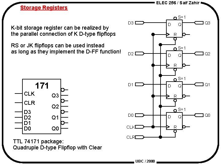 ELEC 256 / Saif Zahir Storage Registers S=1 K-bit storage register can be realized