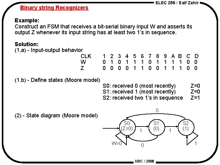 ELEC 256 / Saif Zahir Binary string Recognizers Example: Construct an FSM that receives